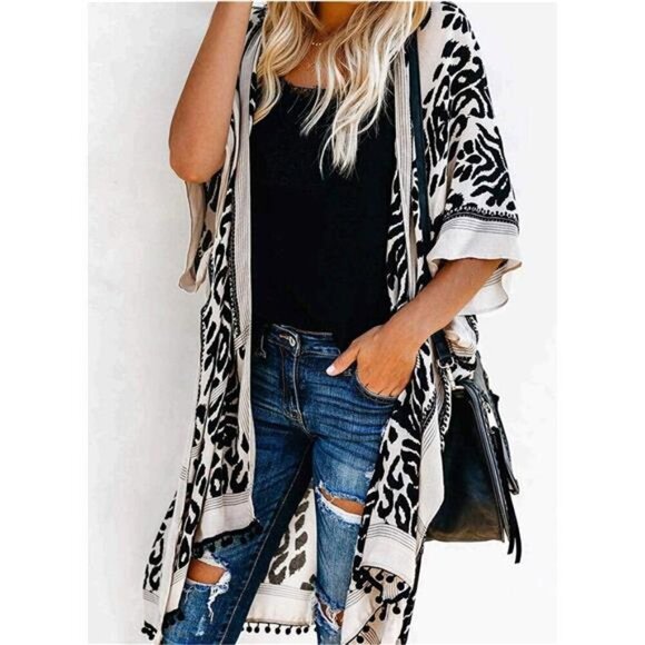 Women's Floral Kimono Cardigan Tassel Beach Cover-Up Swimwear Summer Vacation - Picture 3 of 6